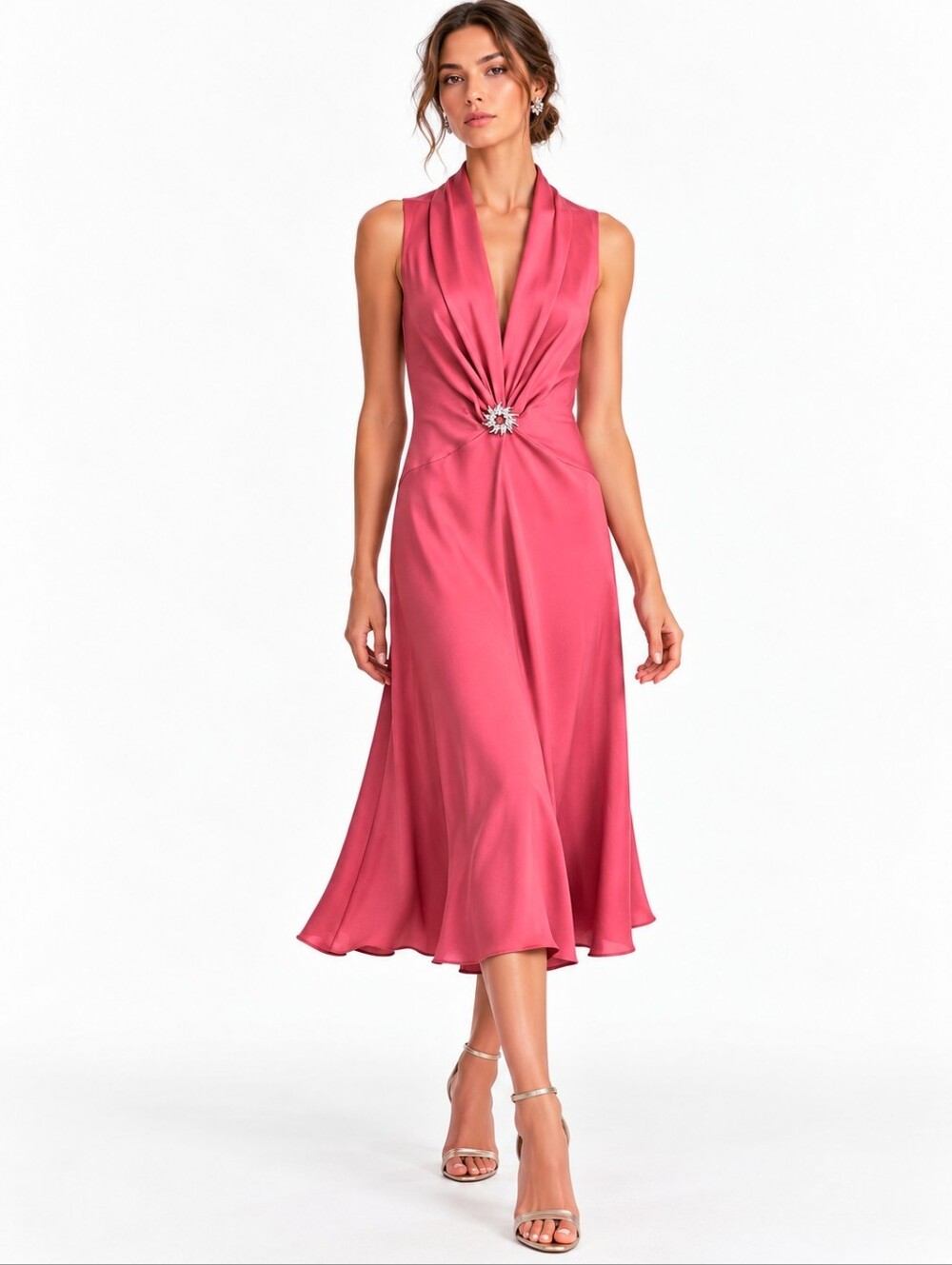 Banana Republic Dress Silk Rose Pink Midi Draped Neckline